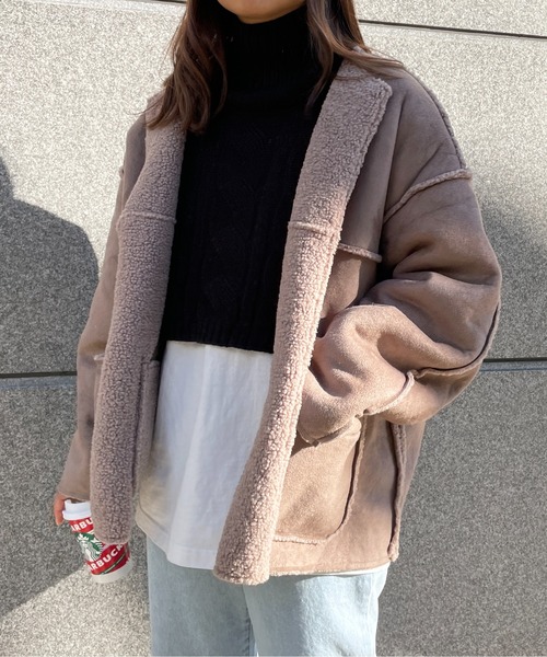StyleSea（スタイルシー）の「2wayリバーシブルスウェード×ボアショートコート（ノーカラージャケット・レディース・ライトベージュ/モカ/ブラック・MEDIUM）」の9枚目の写真