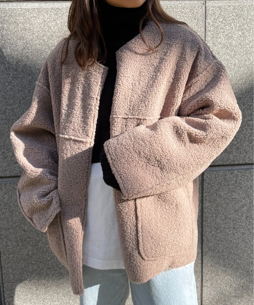 StyleSea（スタイルシー）の「2wayリバーシブルスウェード×ボアショートコート（ノーカラージャケット・レディース・ライトベージュ/モカ/ブラック・MEDIUM）」の7枚目の写真