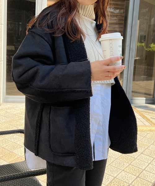 StyleSea（スタイルシー）の「2wayリバーシブルスウェード×ボアショートコート（ノーカラージャケット・レディース・ライトベージュ/モカ/ブラック・MEDIUM）」の14枚目の写真
