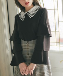tocco closet | 取り外し可能なレース襟付きラッフルスリーブニットプルオーバー(ニット/セーター)