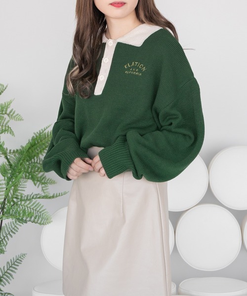 PairPair(ペアペア)の「配色襟ポロニット(ユニセックス)(ニット/セーター・レディース・ブラック/グリーン/ブルーグリーン・MEDIUM/LARGE)」の3枚目の写真