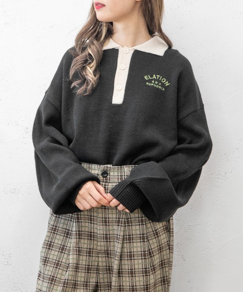 PairPair(ペアペア)の「配色襟ポロニット(ユニセックス)(ニット/セーター・レディース・ブラック/グリーン/ブルーグリーン・MEDIUM/LARGE)」の2枚目の写真