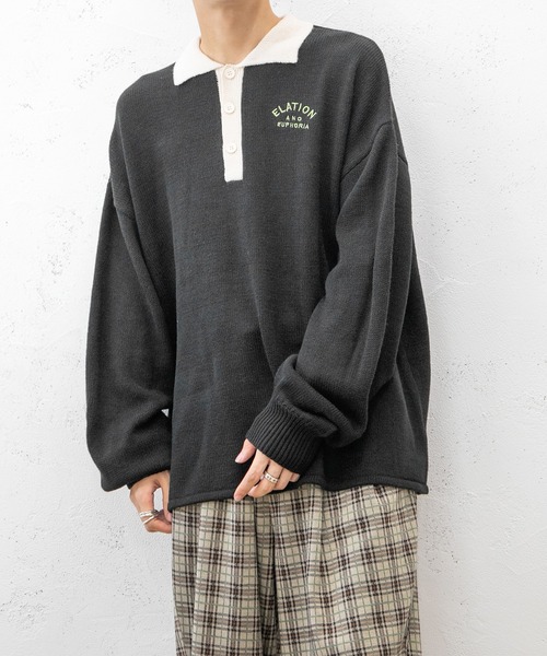 PairPair(ペアペア)の「配色襟ポロニット(ユニセックス)(ニット/セーター・レディース・ブラック/グリーン/ブルーグリーン・MEDIUM/LARGE)」の6枚目の写真