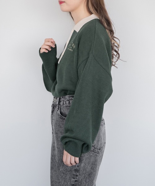 PairPair(ペアペア)の「配色襟ポロニット(ユニセックス)(ニット/セーター・レディース・ブラック/グリーン/ブルーグリーン・MEDIUM/LARGE)」の4枚目の写真