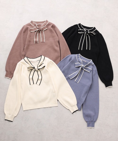 one after another NICE CLAUP（ワンアフターアナザーナイスクラップ）の「【WEB限定】仕事もプライベートも！オンオフ使えるパイピングリボンタイニット（ニット/セーター・レディース・ブラック/オフホワイト/ブルー/モカ・FREE）」の14枚目の写真