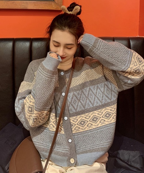 レトロ柄 ニット レトロ柄 起毛 ニット セーター Uネック 長袖／アナップ