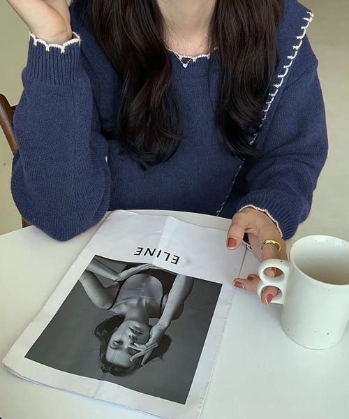 ibeul_（イベール）の「アシメカットハンドステッチニット（ニット/セーター・レディース・ネイビー/オレンジ/アイボリー・FREE）」の2枚目の写真