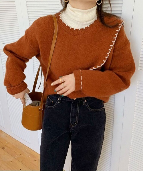 ibeul_（イベール）の「アシメカットハンドステッチニット（ニット/セーター・レディース・ネイビー/オレンジ/アイボリー・FREE）」の3枚目の写真