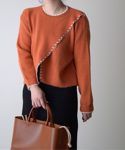 ibeul_（イベール）の「アシメカットハンドステッチニット（ニット/セーター・レディース・ネイビー/オレンジ/アイボリー・FREE）」の10枚目の写真