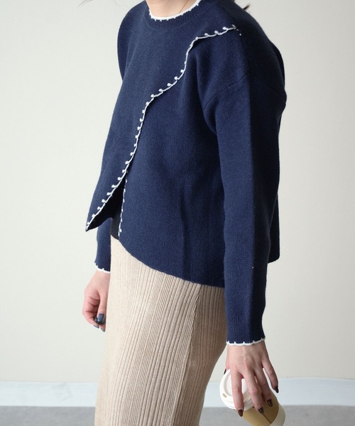 ibeul_（イベール）の「アシメカットハンドステッチニット（ニット/セーター・レディース・ネイビー/オレンジ/アイボリー・FREE）」の8枚目の写真