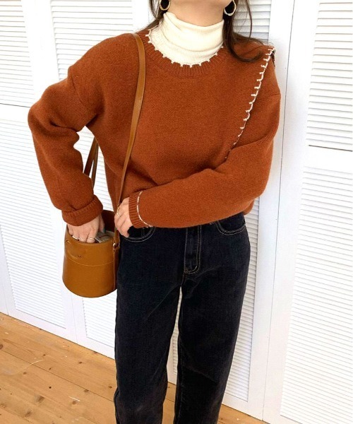 ibeul_（イベール）の「アシメカットハンドステッチニット（ニット/セーター・レディース・ネイビー/オレンジ/アイボリー・FREE）」の16枚目の写真