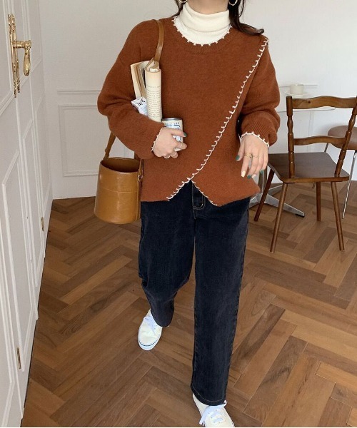 ibeul_（イベール）の「アシメカットハンドステッチニット（ニット/セーター・レディース・ネイビー/オレンジ/アイボリー・FREE）」の17枚目の写真