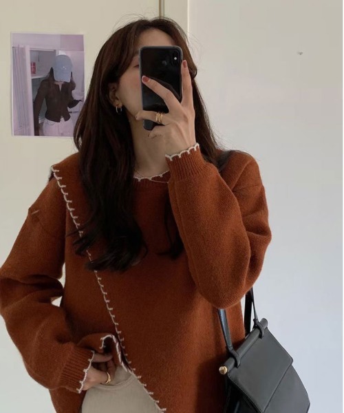 ibeul_（イベール）の「アシメカットハンドステッチニット（ニット/セーター・レディース・ネイビー/オレンジ/アイボリー・FREE）」の18枚目の写真