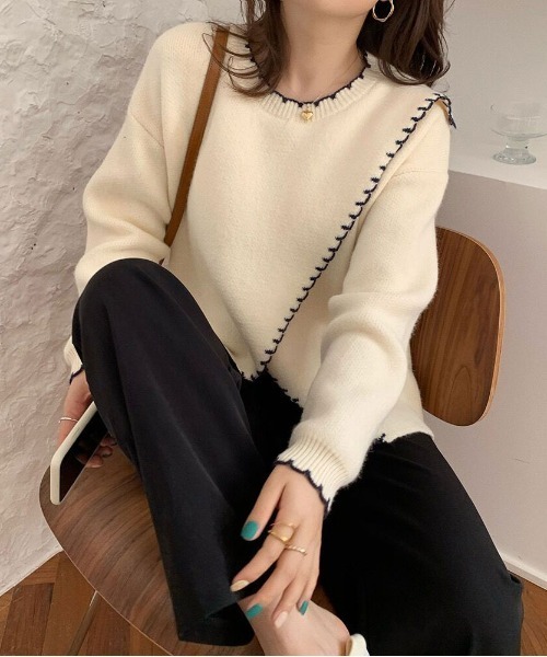 ibeul_（イベール）の「アシメカットハンドステッチニット（ニット/セーター・レディース・ネイビー/オレンジ/アイボリー・FREE）」の19枚目の写真