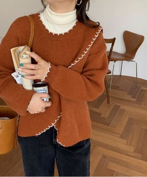 ibeul_（イベール）の「アシメカットハンドステッチニット（ニット/セーター・レディース・ネイビー/オレンジ/アイボリー・FREE）」の20枚目の写真