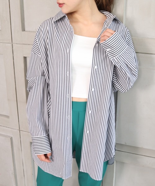 *NewArrival*綿100%先染めストライプ.長袖ビッグシルエットシャツ