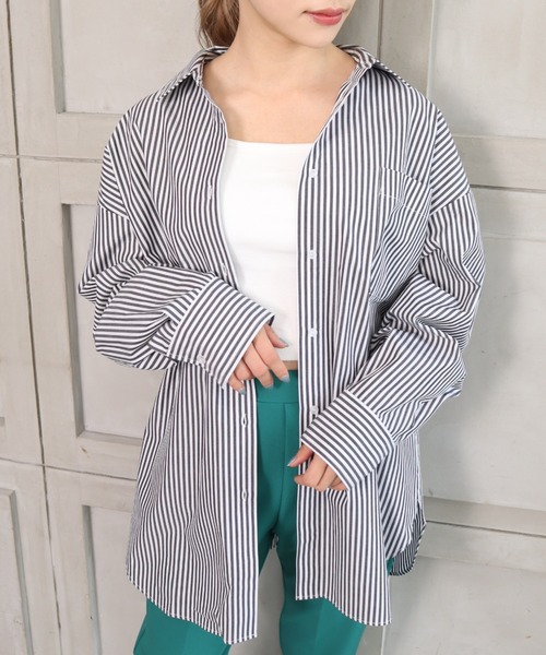 *NewArrival*綿100%先染めストライプ.長袖ビッグシルエットシャツ