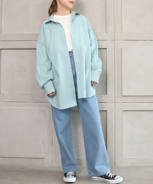 *NewArrival*綿100%先染めストライプ.長袖ビッグシルエットシャツ