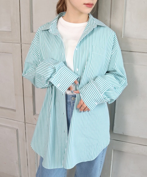 *NewArrival*綿100%先染めストライプ.長袖ビッグシルエットシャツ