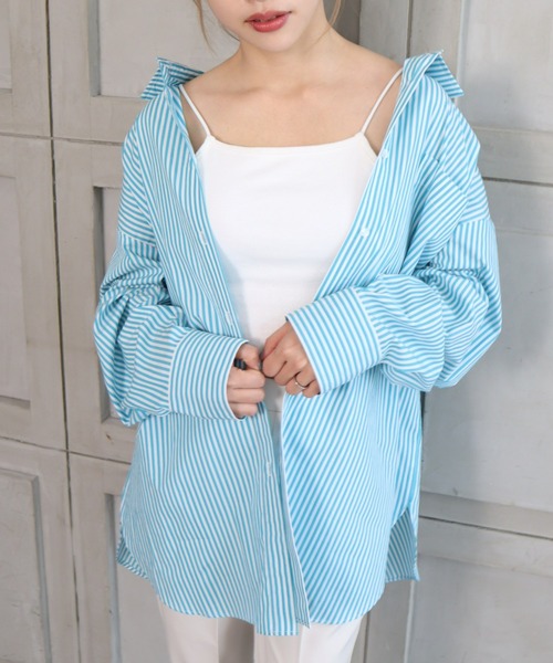 *NewArrival*綿100%先染めストライプ.長袖ビッグシルエットシャツ