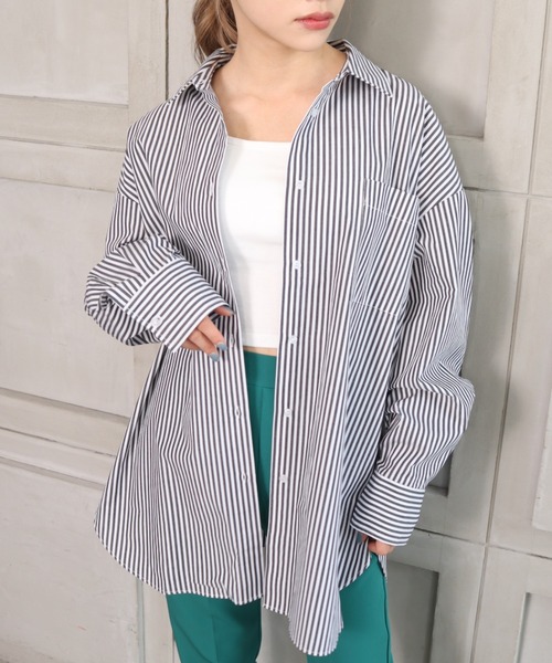 *NewArrival*綿100%先染めストライプ.長袖ビッグシルエットシャツ