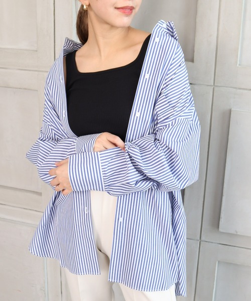 *NewArrival*綿100%先染めストライプ.長袖ビッグシルエットシャツ