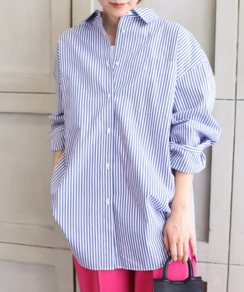 *NewArrival*綿100%先染めストライプ.長袖ビッグシルエットシャツ