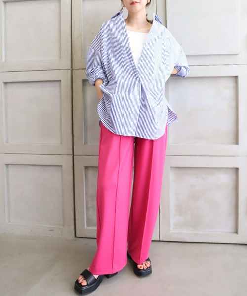*NewArrival*綿100%先染めストライプ.長袖ビッグシルエットシャツ
