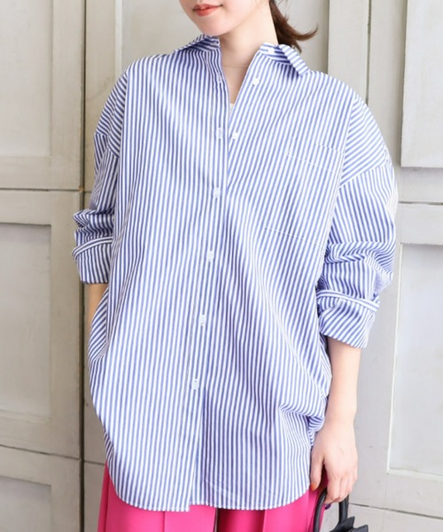 *NewArrival*綿100%先染めストライプ.長袖ビッグシルエットシャツ