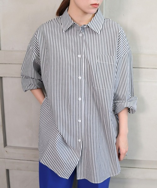 *NewArrival*綿100%先染めストライプ.長袖ビッグシルエットシャツ