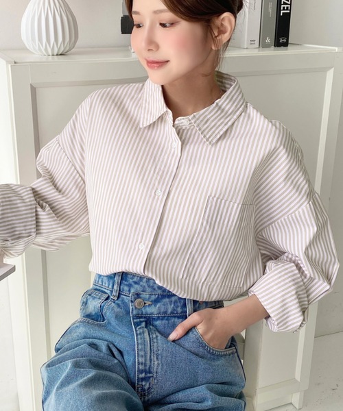 moment+(モーメントプラス)の「【累計販売枚数10万枚突破!】先染めストライプ&ギンガムチェック&マルチストライプビッグシルエット長袖シャツ(シャツ/ブラウス・レディース・ブラック/ネイビー/レッド/サックスブルー/ターコイズブルー/オレンジ/グリーン/ピンク/ブラック系その他/ベージュ/ブルー/イエロー系その他/ピンク系その他/ブルー系その他・M/L)」の16枚目の写真