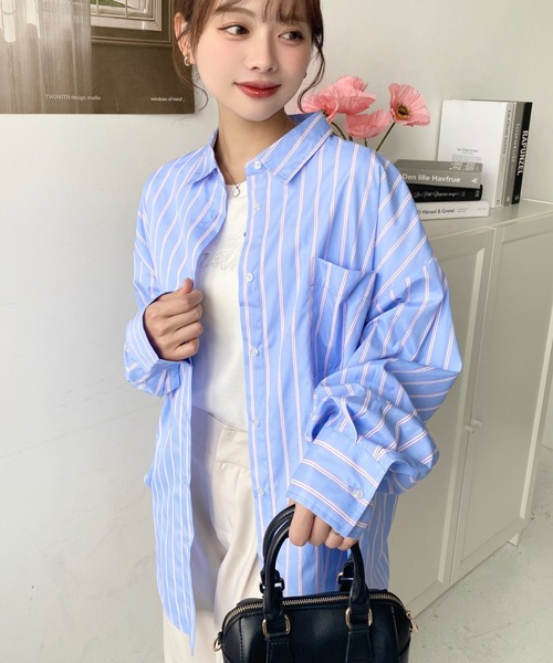 moment+(モーメントプラス)の「【累計販売枚数10万枚突破!】先染めストライプ&ギンガムチェック&マルチストライプビッグシルエット長袖シャツ(シャツ/ブラウス・レディース・ブラック/ネイビー/レッド/サックスブルー/ターコイズブルー/オレンジ/グリーン/ピンク/ブラック系その他/ベージュ/ブルー/イエロー系その他/ピンク系その他/ブルー系その他・M/L)」の19枚目の写真