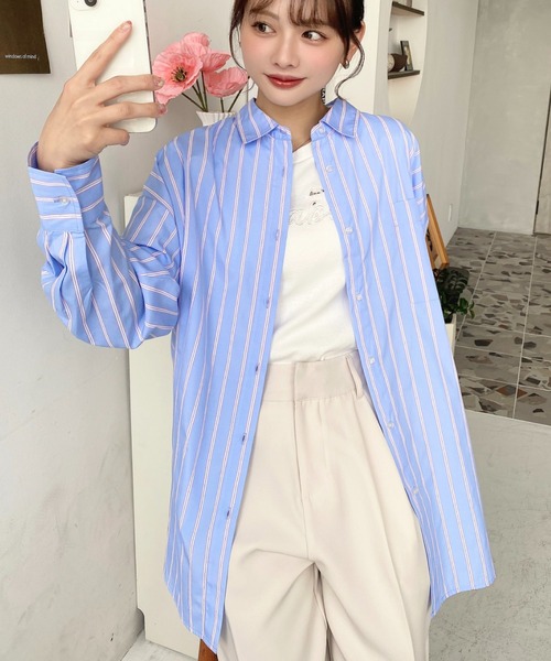 moment+(モーメントプラス)の「【累計販売枚数10万枚突破!】先染めストライプ&ギンガムチェック&マルチストライプビッグシルエット長袖シャツ(シャツ/ブラウス・レディース・ブラック/ネイビー/レッド/サックスブルー/ターコイズブルー/オレンジ/グリーン/ピンク/ブラック系その他/ベージュ/ブルー/イエロー系その他/ピンク系その他/ブルー系その他・M/L)」の20枚目の写真