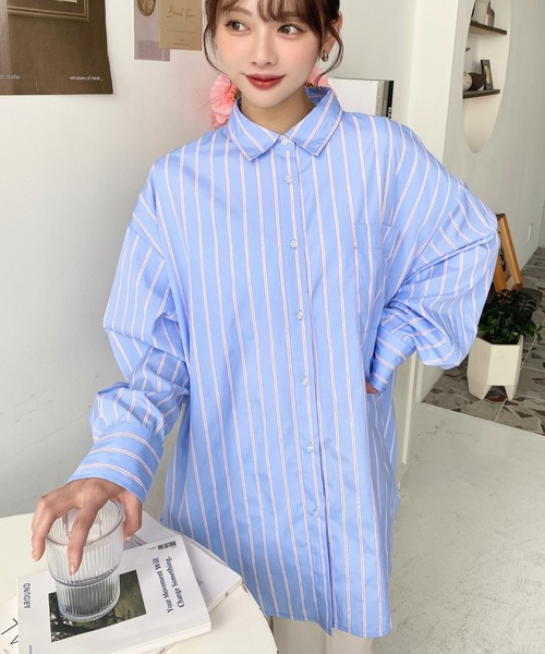 moment+(モーメントプラス)の「【累計販売枚数10万枚突破!】先染めストライプ&ギンガムチェック&マルチストライプビッグシルエット長袖シャツ(シャツ/ブラウス・レディース・ブラック/ネイビー/レッド/サックスブルー/ターコイズブルー/オレンジ/グリーン/ピンク/ブラック系その他/ベージュ/ブルー/イエロー系その他/ピンク系その他/ブルー系その他・M/L)」の21枚目の写真