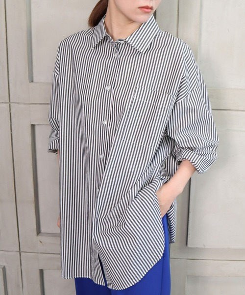 *NewArrival*綿100%先染めストライプ.長袖ビッグシルエットシャツ