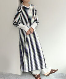 ボーダー袖リブワンピース