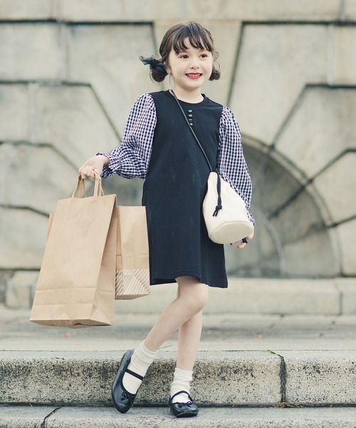 BRANSHES（ブランシェス）の「ドット柄 / ギンガムチェック袖ボリュームワンピース（ワンピース・キッズ・ピンクベージュ/ブラック・110/140/100/130/150/90/120）」の2枚目の写真