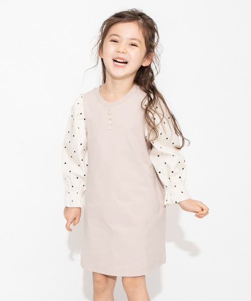 BRANSHES（ブランシェス）の「ドット柄 / ギンガムチェック袖ボリュームワンピース（ワンピース・キッズ・ピンクベージュ/ブラック・110/140/100/130/150/90/120）」の4枚目の写真