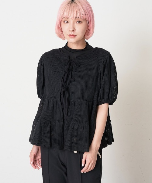 A de a.v.v（アードアー・ヴェ・ヴェ）の「［SET UP対応／2WAY］メッシュレースアップティアードカーディガン（Tシャツ/カットソー・レディース・ホワイト/ブラック・SMALL/MEDIUM）」の14枚目の写真