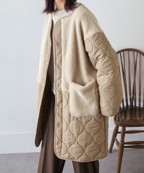 Chillfar（チルファー）の「ノーカラーボア×ひょうたんキルトコート（ノーカラージャケット・レディース・ブラック/カーキ/アイボリー/ベージュ・MEDIUM/LARGE）」の3枚目の写真