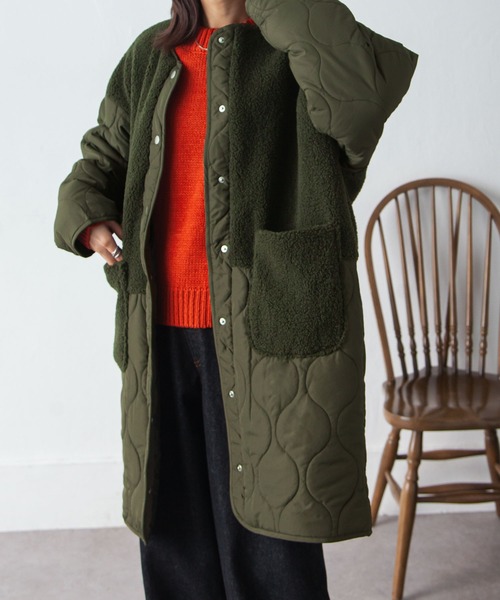 Chillfar（チルファー）の「ノーカラーボア×ひょうたんキルトコート（ノーカラージャケット・レディース・ブラック/カーキ/アイボリー/ベージュ・MEDIUM/LARGE）」の4枚目の写真