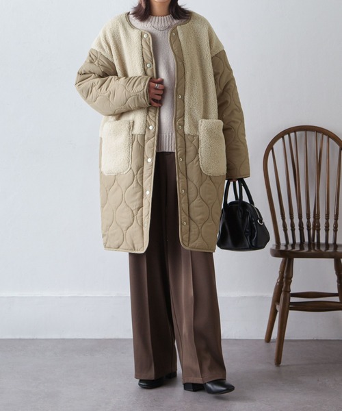 Chillfar（チルファー）の「ノーカラーボア×ひょうたんキルトコート（ノーカラージャケット・レディース・ブラック/カーキ/アイボリー/ベージュ・MEDIUM/LARGE）」の9枚目の写真