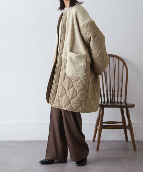 Chillfar（チルファー）の「ノーカラーボア×ひょうたんキルトコート（ノーカラージャケット・レディース・ブラック/カーキ/アイボリー/ベージュ・MEDIUM/LARGE）」の10枚目の写真