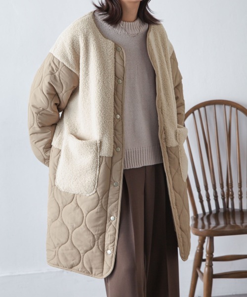 Chillfar（チルファー）の「ノーカラーボア×ひょうたんキルトコート（ノーカラージャケット・レディース・ブラック/カーキ/アイボリー/ベージュ・MEDIUM/LARGE）」の5枚目の写真