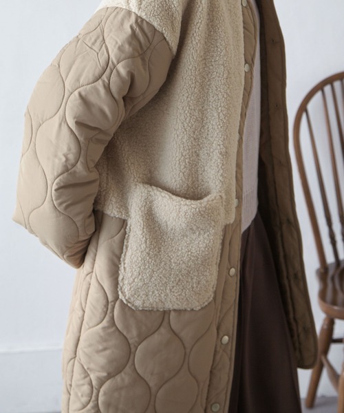 Chillfar（チルファー）の「ノーカラーボア×ひょうたんキルトコート（ノーカラージャケット・レディース・ブラック/カーキ/アイボリー/ベージュ・MEDIUM/LARGE）」の6枚目の写真