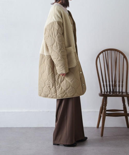 Chillfar（チルファー）の「ノーカラーボア×ひょうたんキルトコート（ノーカラージャケット・レディース・ブラック/カーキ/アイボリー/ベージュ・MEDIUM/LARGE）」の11枚目の写真