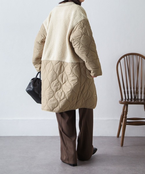 Chillfar（チルファー）の「ノーカラーボア×ひょうたんキルトコート（ノーカラージャケット・レディース・ブラック/カーキ/アイボリー/ベージュ・MEDIUM/LARGE）」の12枚目の写真