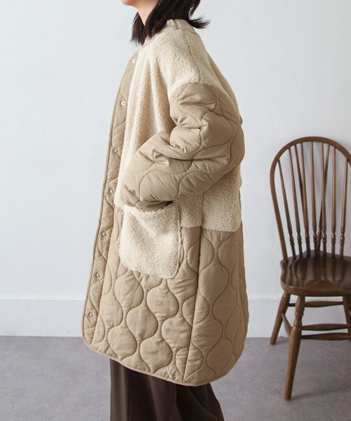 Chillfar（チルファー）の「ノーカラーボア×ひょうたんキルトコート（ノーカラージャケット・レディース・ブラック/カーキ/アイボリー/ベージュ・MEDIUM/LARGE）」の7枚目の写真