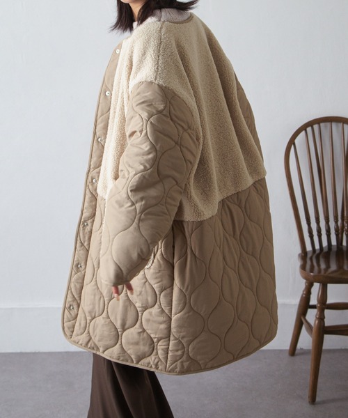 Chillfar（チルファー）の「ノーカラーボア×ひょうたんキルトコート（ノーカラージャケット・レディース・ブラック/カーキ/アイボリー/ベージュ・MEDIUM/LARGE）」の8枚目の写真