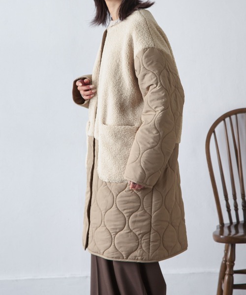 Chillfar（チルファー）の「ノーカラーボア×ひょうたんキルトコート（ノーカラージャケット・レディース・ブラック/カーキ/アイボリー/ベージュ・MEDIUM/LARGE）」の14枚目の写真